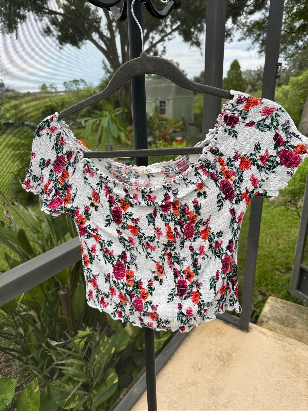 Heart Hips White Smocked Off-Shoulder Crop Top with Pink & Red Floral Print